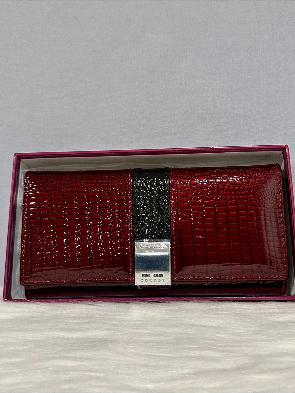 Chic Burgundy Leather Crocodile Embossed Wallet New in Box